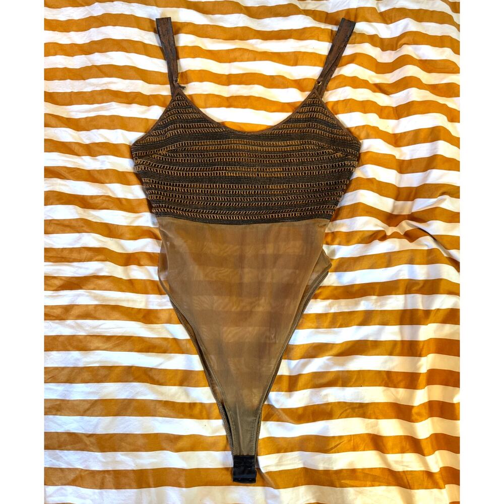 Gianfranco Ferre | Vintage Crochet Mesh Bodysuit Earth Tones Sheer 90s Boho Med